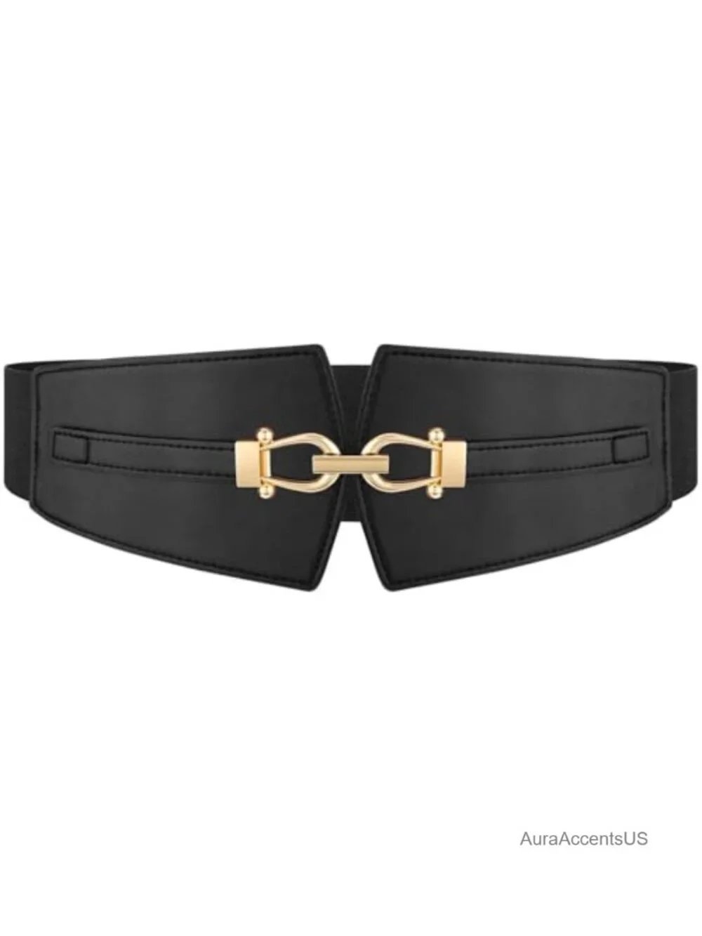 Wide Elastic Stretch Belt Gold Buckle Faux Leather Waist Belt for Dresses Coats